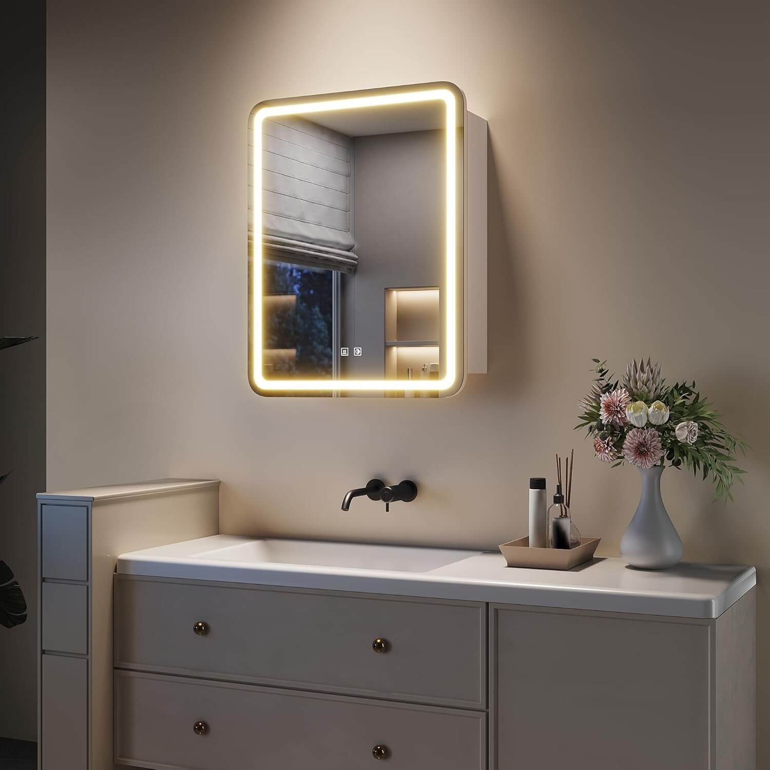 SONNI Spiegelschrank mit Beleuchtung 70x 55 cm, LED Spiegelschrank mit Taschentuch-Durchlass, Steckdose, Anti-Beschlag & 3 Lichtfarben, Dimmbar - Holzschrank Beige, Vollständig Montiert - Sonni Sanitär GmbH