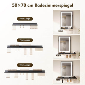 SONNI Badspiegel mit Beleuchtung 50x70cm mit Ablage, Touch Badezimmerspiegel 3 Lichtfarben, Anti-Beschlag & Gedächtnisfunktion