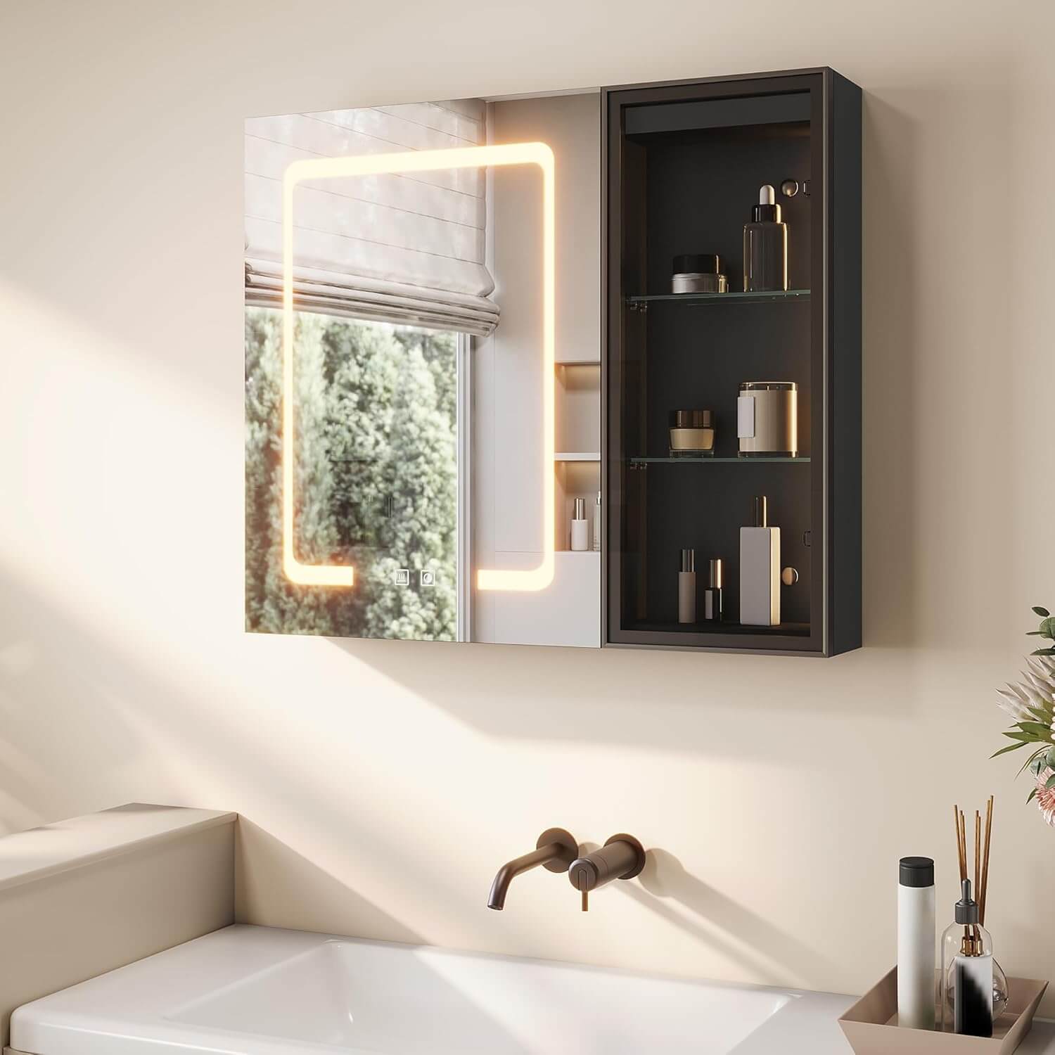 SONNI Spiegelschrank Bad mit Beleuchtung LED Spiegelschrank mit Glasvitrine und Ambientebeleuchtung, Glasboden, Anti-Beschlag, Steckdose, 3 Lichtfarben, Dimmbar, Vollständig Montiert