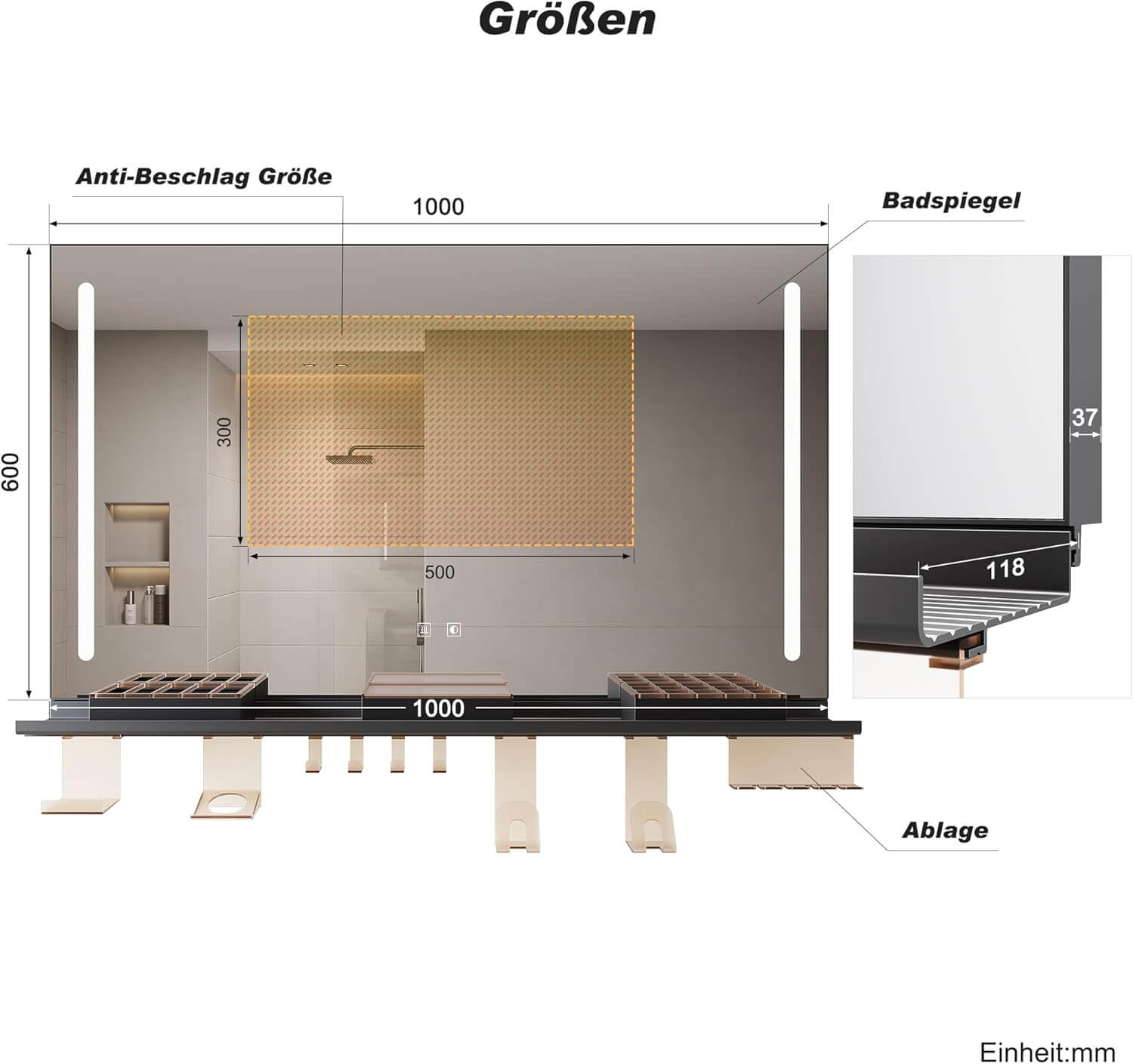 SONNI Badezimmerspiegel mit Beleuchtung 100x60 cm, LED Badspiegel mit Ablage, 3 einstellbare Lichtfarbe, Anti-Beschlag Wandspiegel mit Touchschalter