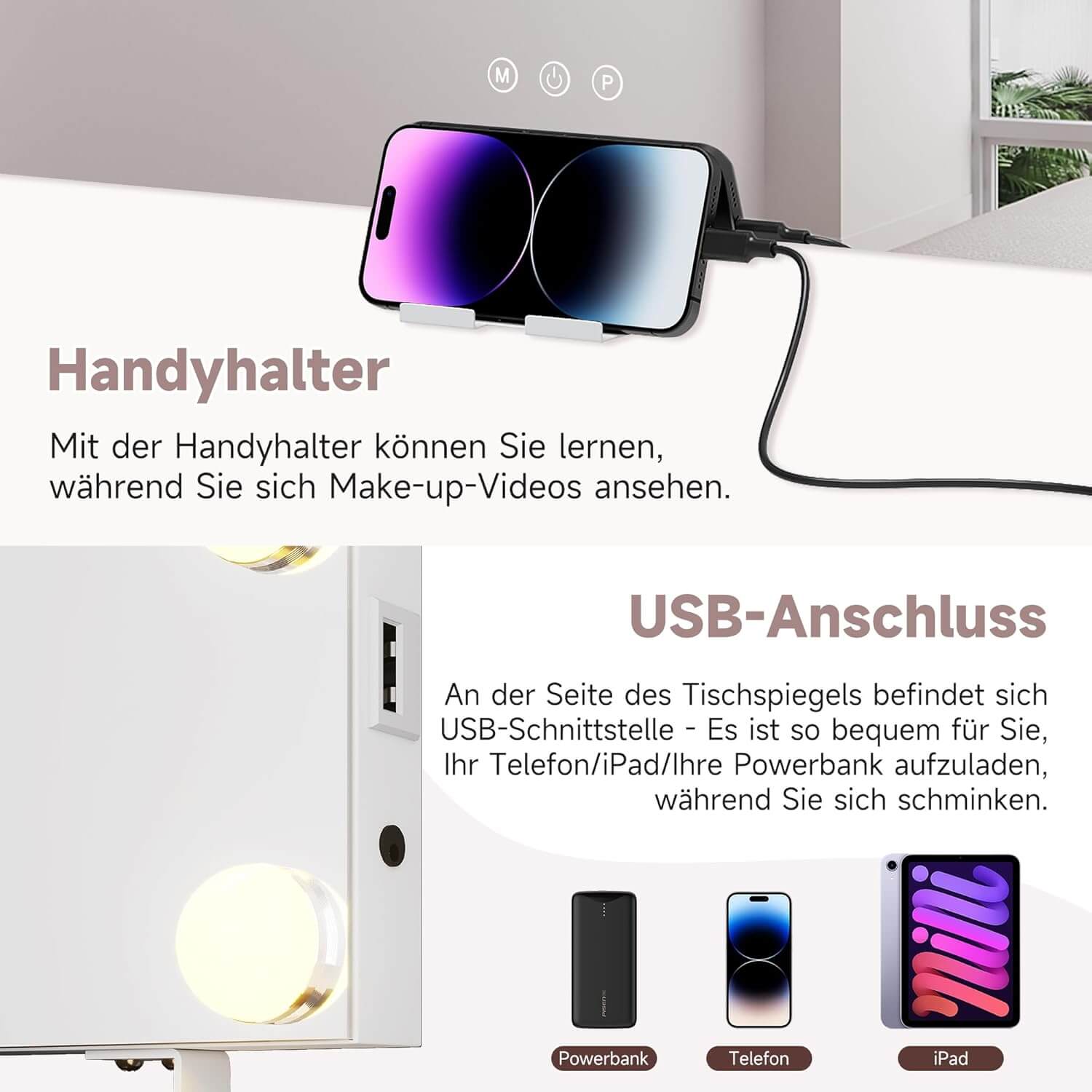 SONNI  Hollywood Schminkspiegel, 80x60cm, Schminktisch Spiegel mit 3 Lichtmodi und 14 Licht Dimmbar, LED Tischspiegel mit Handyhalter und USB, 10X Vergrößerung, Smart Touch Steuerung - Sonni Sanitär GmbH