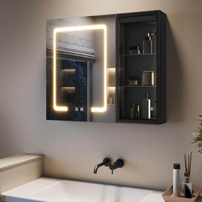 SONNI Spiegelschrank Bad mit Beleuchtung LED Spiegelschrank mit Glasvitrine und Ambientebeleuchtung, Glasboden, Anti-Beschlag, Steckdose, 3 Lichtfarben, Dimmbar, Vollständig Montiert