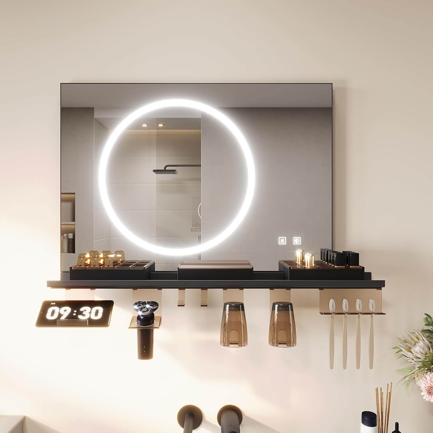 SONNI Badezimmerspiegel mit Beleuchtung 70x50 cm, LED Badspiegel mit Ablage, 3 einstellbare Lichtfarbe + Anti-Beschlag + Touchschalter, Ablage mit Handyhalter + Haken + Zahnbürstenhalter