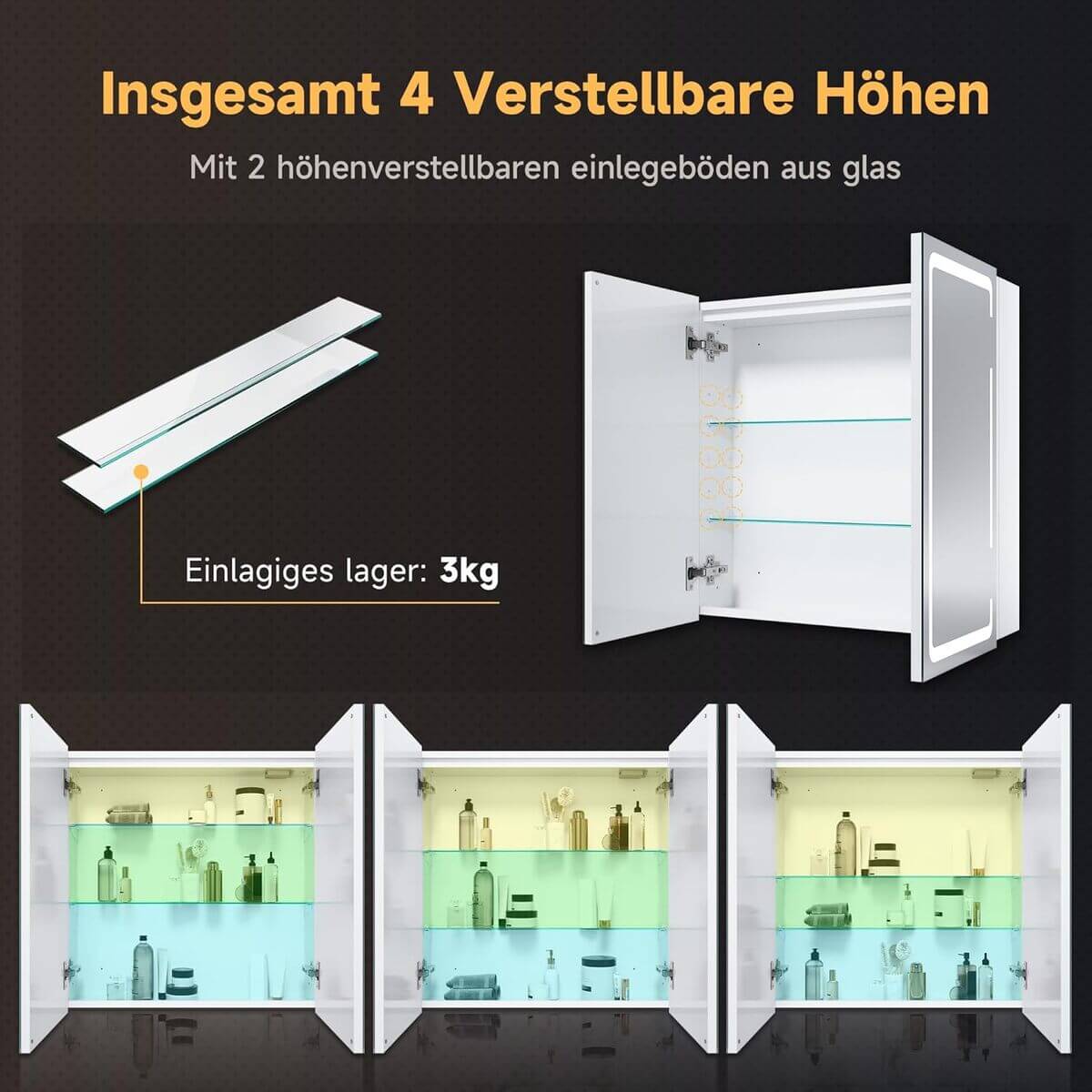 SONNI Spiegelschrank mit Beleuchtung 3 Lichtfarbe Einstellbar und Beschlagfrei 2 Türiger Spiegelschrank mit Kabelloses Scharnier Design und Steckdose