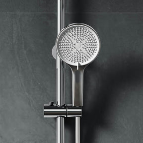 SONNI Duschsystem mit Thermostat (KTW/WRAS) Chrom - Kindersicherung, Französisches Ventil, 360° Drehbarer Runder Kopfbrause (1 Strahlart), Handbrause (3 Strahlarten), Brausestange aus Runde, 38°C, ABS