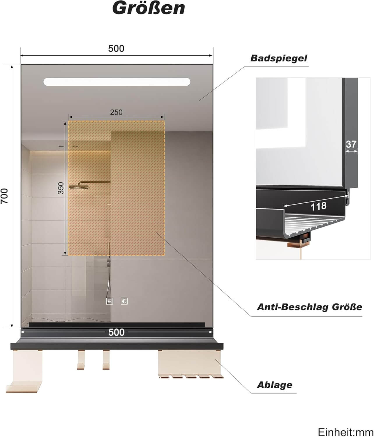 SONNI Badezimmerspiegel mit Beleuchtung 50x70 cm, LED Badspiegel mit Ablag, 3 einstellbare Lichtfarbe, Anti-Beschlag Wandspiegel mit Touchschalter