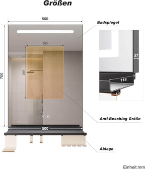 SONNI Badezimmerspiegel mit Beleuchtung 50x70 cm, LED Badspiegel mit Ablag, 3 einstellbare Lichtfarbe, Anti-Beschlag Wandspiegel mit Touchschalter