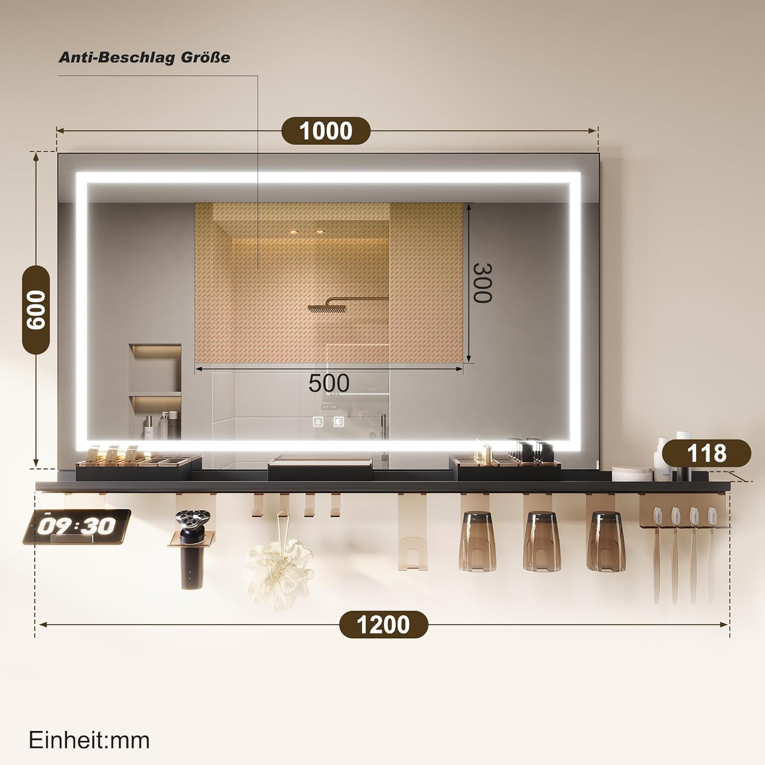 SONNI Badspiegel mit Beleuchtung 100x60cm +  Ablage, Touch Badezimmerspiegel 3 Lichtfarben, Anti-Beschlag & Gedächtnisfunktion