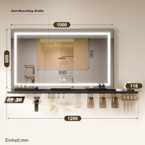 SONNI Badspiegel mit Beleuchtung 100x60cm +  Ablage, Touch Badezimmerspiegel 3 Lichtfarben, Anti-Beschlag & Gedächtnisfunktion