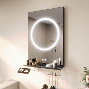 SONNI Badezimmerspiegel mit Beleuchtung 50x70 cm, LED Badspiegel mit Ablage, 3 einstellbare Lichtfarbe + Anti-Beschlag + Touchschalter, Ablage mit Handyhalter + Haken + Zahnbürstenhalter