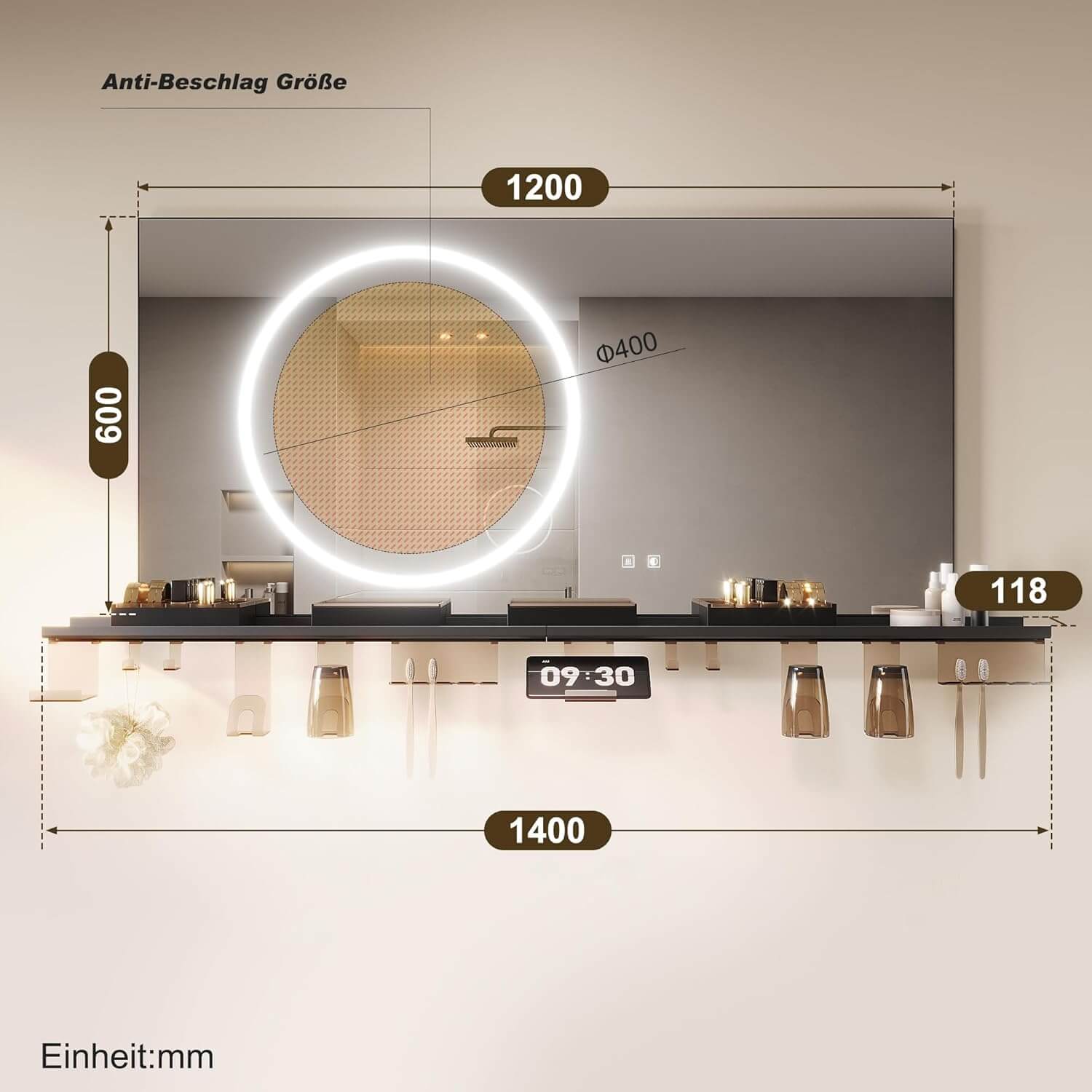 SONNI Badezimmerspiegel mit Beleuchtung 120x60 cm, LED Badspiegel mit Ablage, 3 einstellbare Lichtfarbe + Anti-Beschlag + Touchschalter, Ablage mit Handyhalter + Haken + Zahnbürstenhalte