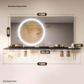 SONNI Badezimmerspiegel mit Beleuchtung 120x60 cm, LED Badspiegel mit Ablage, 3 einstellbare Lichtfarbe + Anti-Beschlag + Touchschalter, Ablage mit Handyhalter + Haken + Zahnbürstenhalte