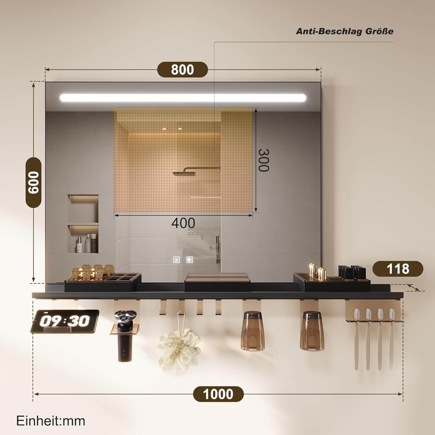 SONNI Badezimmerspiegel mit Beleuchtung 80x60 cm, LED Badspiegel mit Ablage, 3 einstellbare Lichtfarbe, Anti-Beschlag Wandspiegel mit Touchschalter