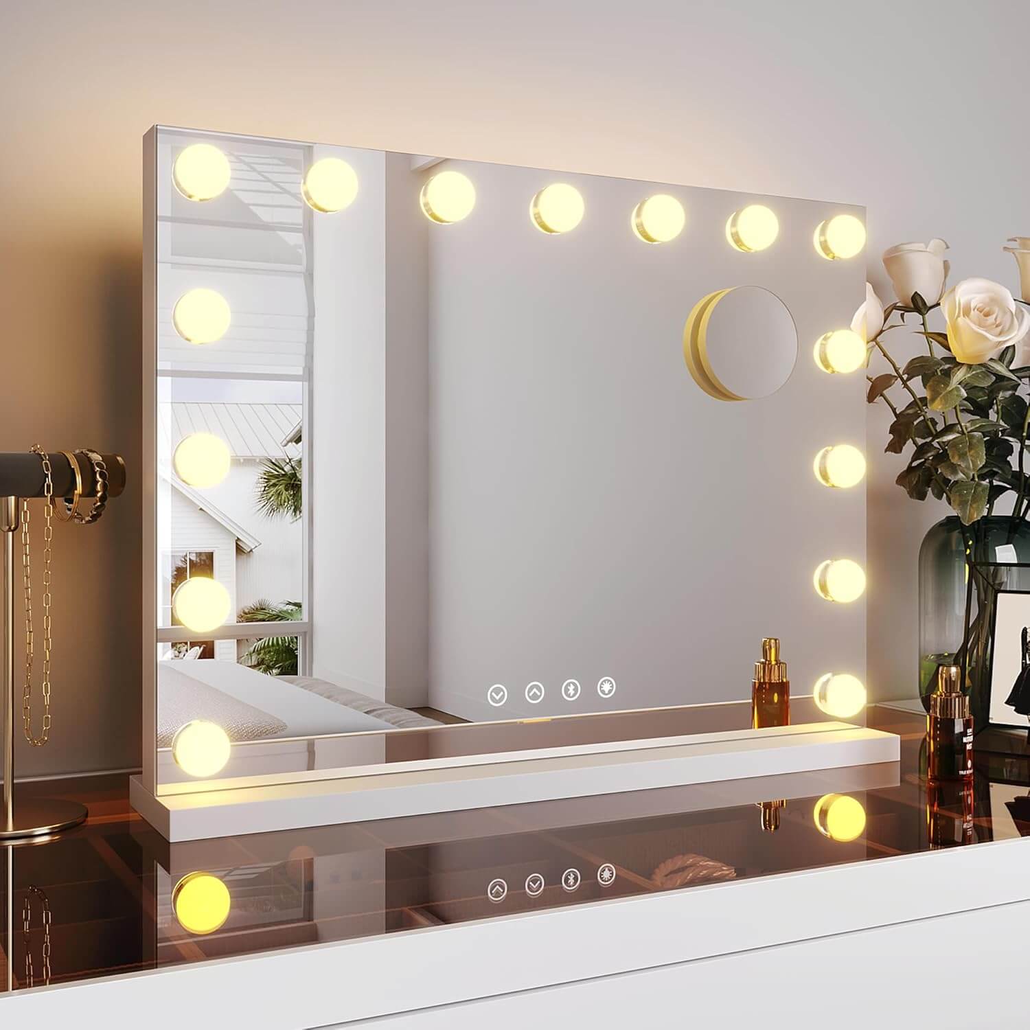 SONNI  Schminkspiegel 58x43cm, Hollywood Spiegel mit Beleuchtung, 3 Lichtmodi, mit USB und Bluetooth, Kosmetikspiegel mit 10X Abnehmbare Lupe, Wandspiegel, Tischspiegel, Weiß - Sonni Sanitär GmbH