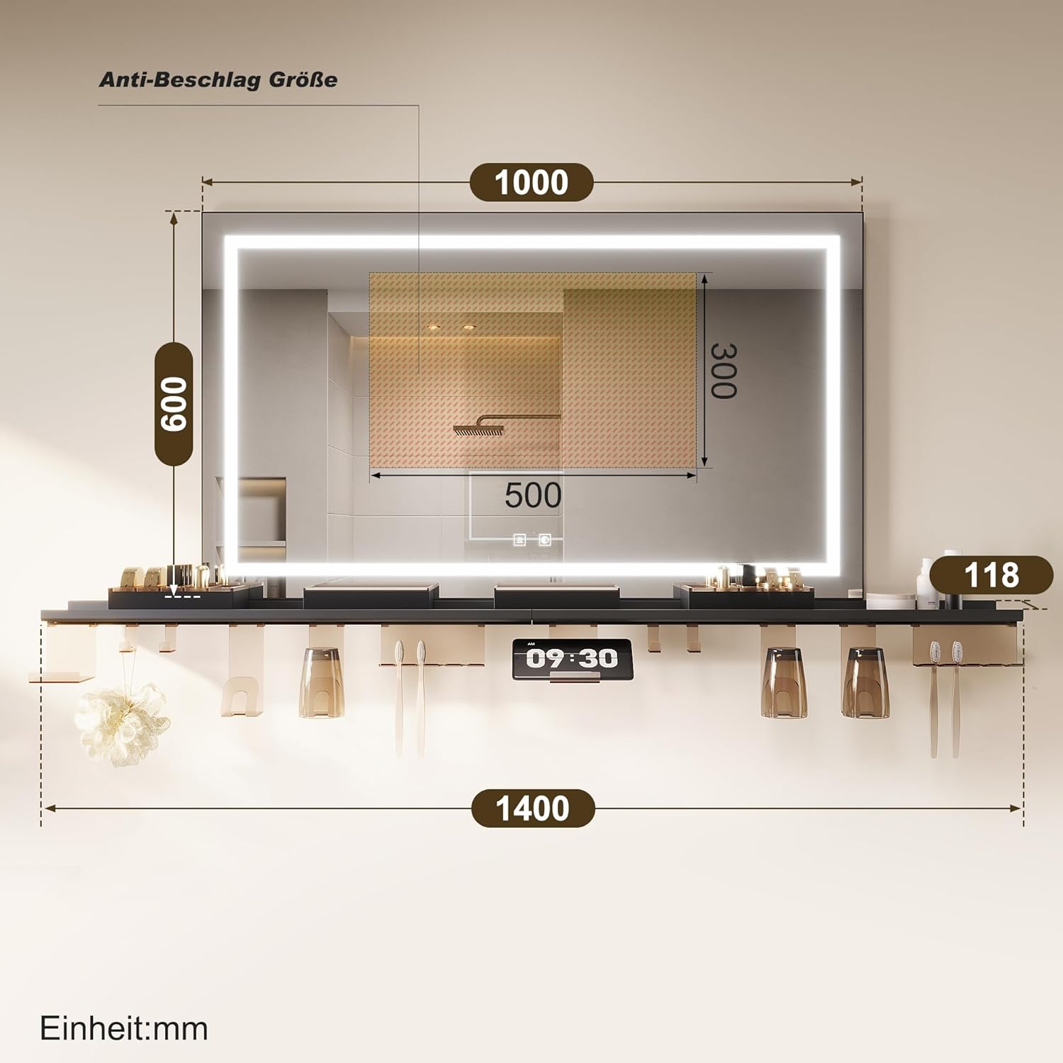 SONNI Badspiegel mit Beleuchtung 100x60cm +  Ablage, Touch Badezimmerspiegel 3 Lichtfarben, Anti-Beschlag & Gedächtnisfunktion