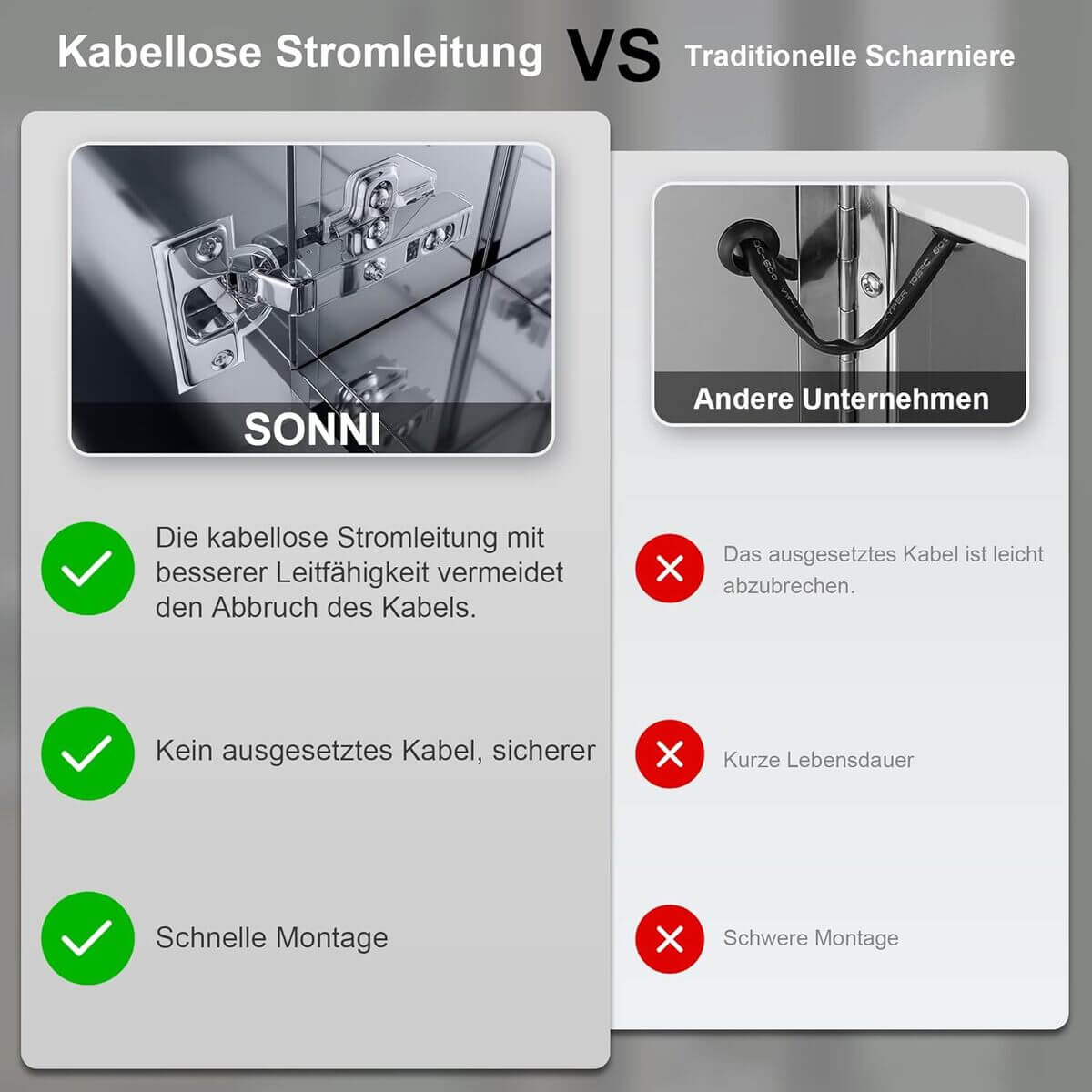 SONNI Spiegelschrank mit Beleuchtung LED Edelstahl 3türig Spiegelschrank Bad mit Touchschalter und Steckdose