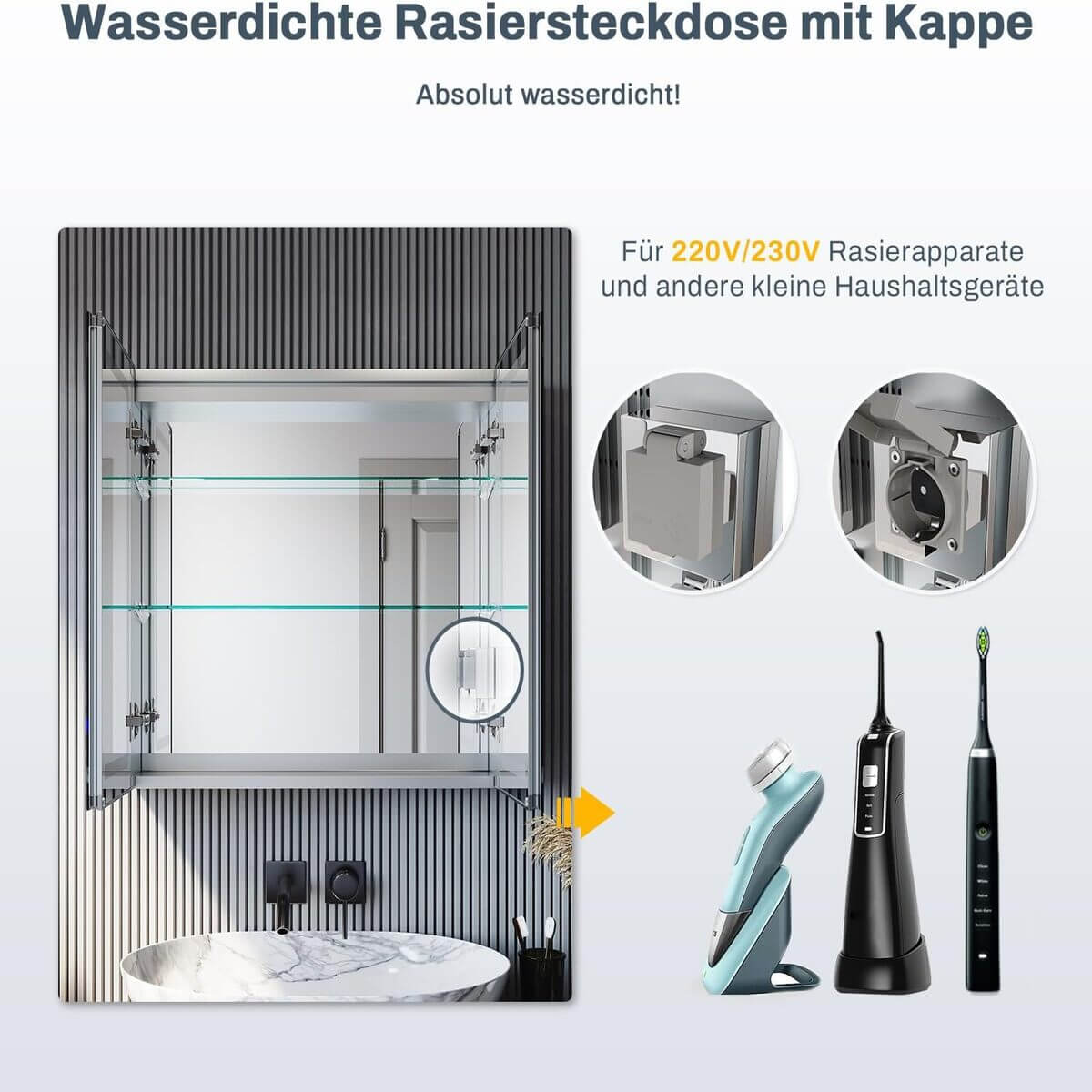 SONNI Aluminum Spiegelschrank mit Beleuchtung Badezimmer verstellbare Einlegeböden wasserdicht beschlagfrei mit Touchschalter und Steckdose