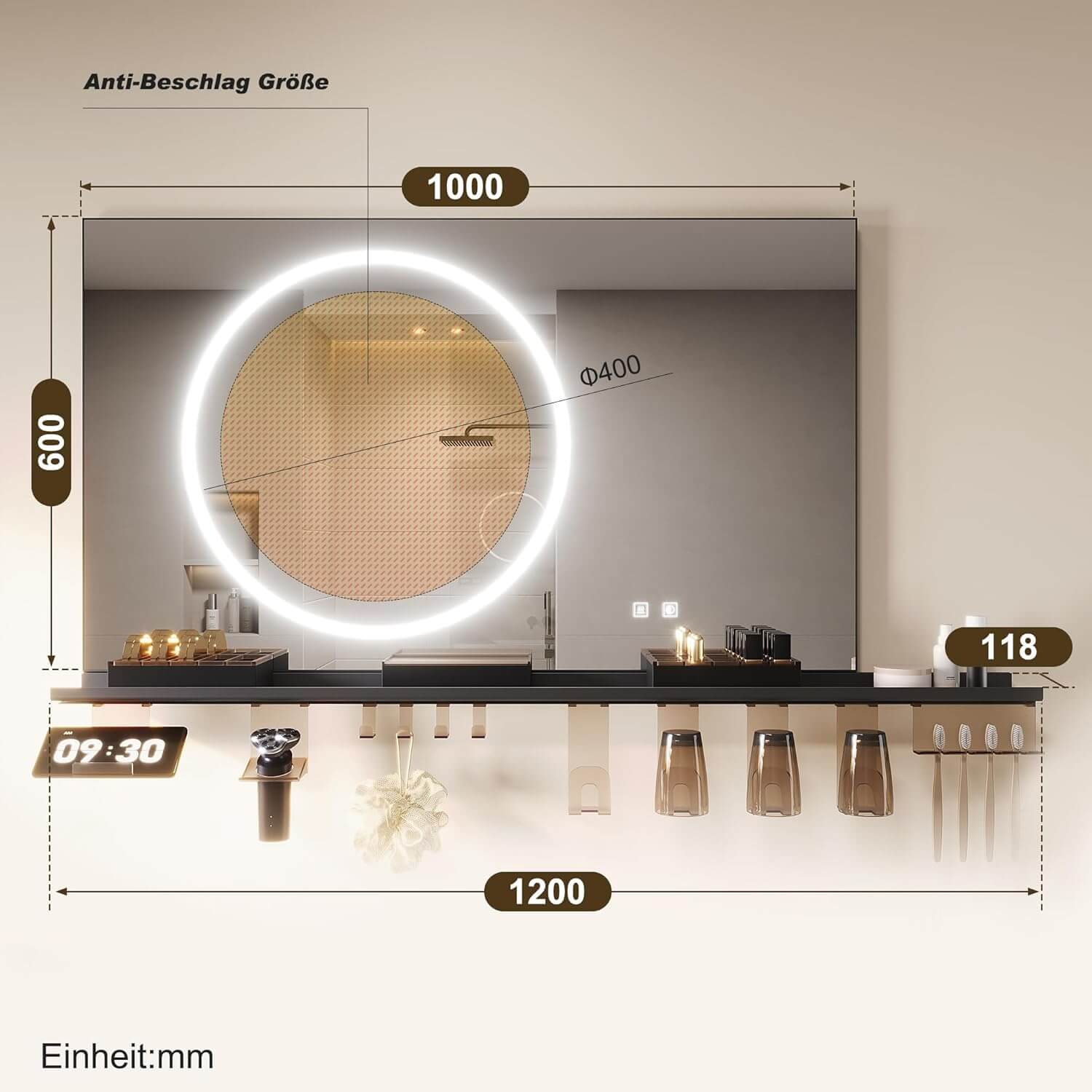 SONNI Badezimmerspiegel mit Beleuchtung 100x60 cm, LED Badspiegel mit Ablage, 3 einstellbare Lichtfarbe + Anti-Beschlag + Touchschalter, Ablage mit Handyhalter + Haken + Zahnbürstenhalter