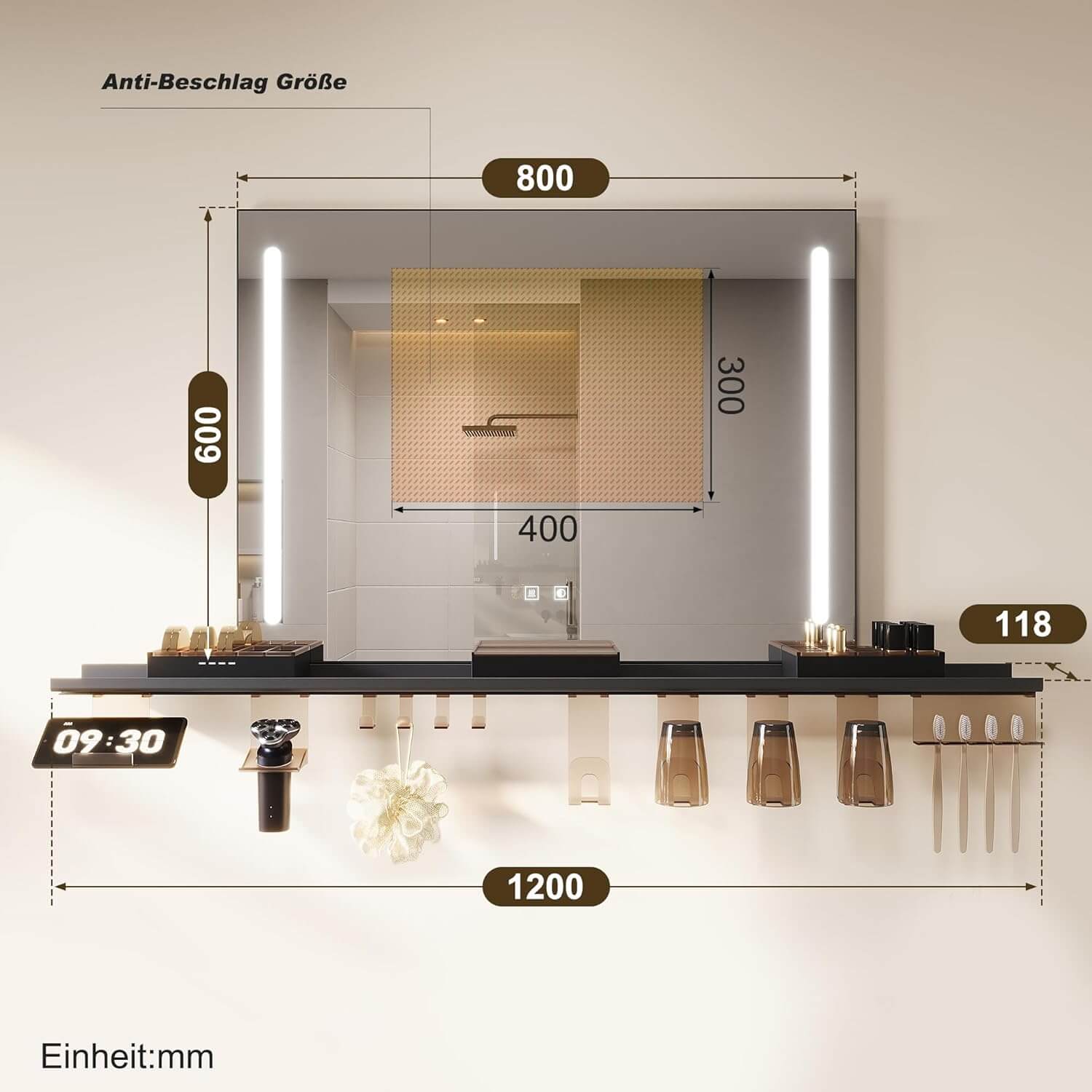 SONNI Badezimmerspiegel mit Beleuchtung 80x60 cm, LED Badspiegel mit Ablage, 3 einstellbare Lichtfarbe, Anti-Beschlag Wandspiegel mit Touchschalter