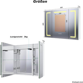 SONNI LED Spiegelschrank Bad mit Bluetooth 80x60 cm, 3 Türen Spiegelschrank mit Anti-Beschlag, Steckdose, 3 Lichtfarben, Dimmbar, Aluminum, IP44 Wasserciht - Sonni Sanitär GmbH