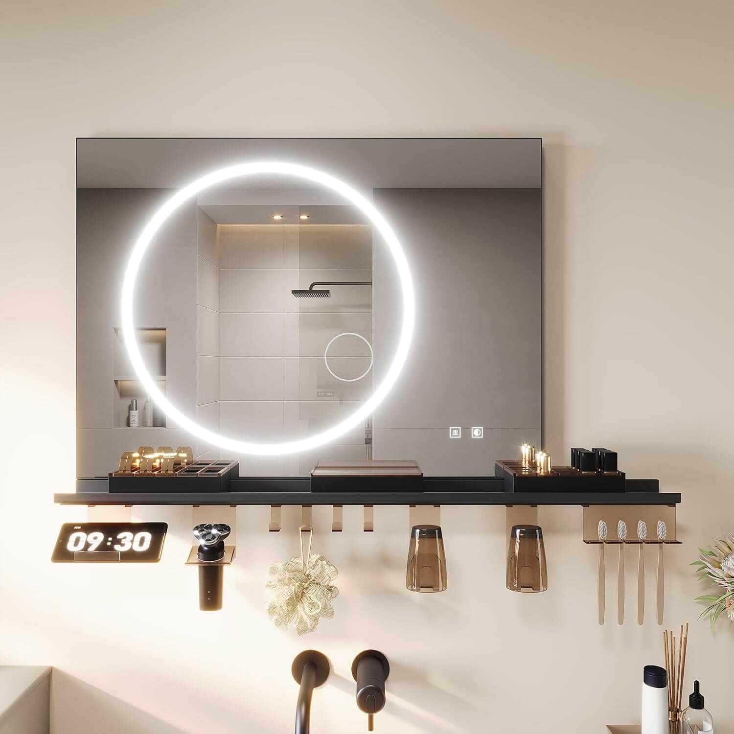 SONNI Badezimmerspiegel mit Beleuchtung 80x60 cm, LED Badspiegel mit Ablage , 3 einstellbare Lichtfarbe + Anti-Beschlag + Touchschalter, Ablage mit Handyhalter + Haken + Zahnbürstenhalter