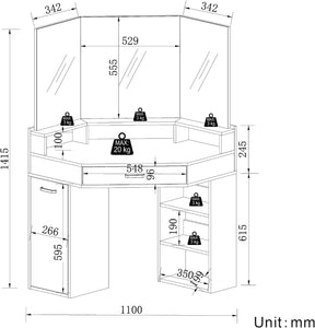SONNI Eck Schminktisch mit Dreifachspiegel, 111x54x141.5cm, Kosmetiktisch mit Großer Schubladen, Auszugsschrank, Regale, 3 Offene Fächer, Moderner Frisiertisch für Schlafzimmer