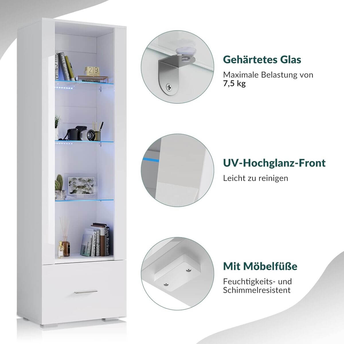 SONNI Vitrine mit LED-Beleuchtung, Glasvitrine mit Schubladen, weiß Hochglanzfront, Sammlervitrine, Vitrinenschrank - Sonni Sanitär GmbH