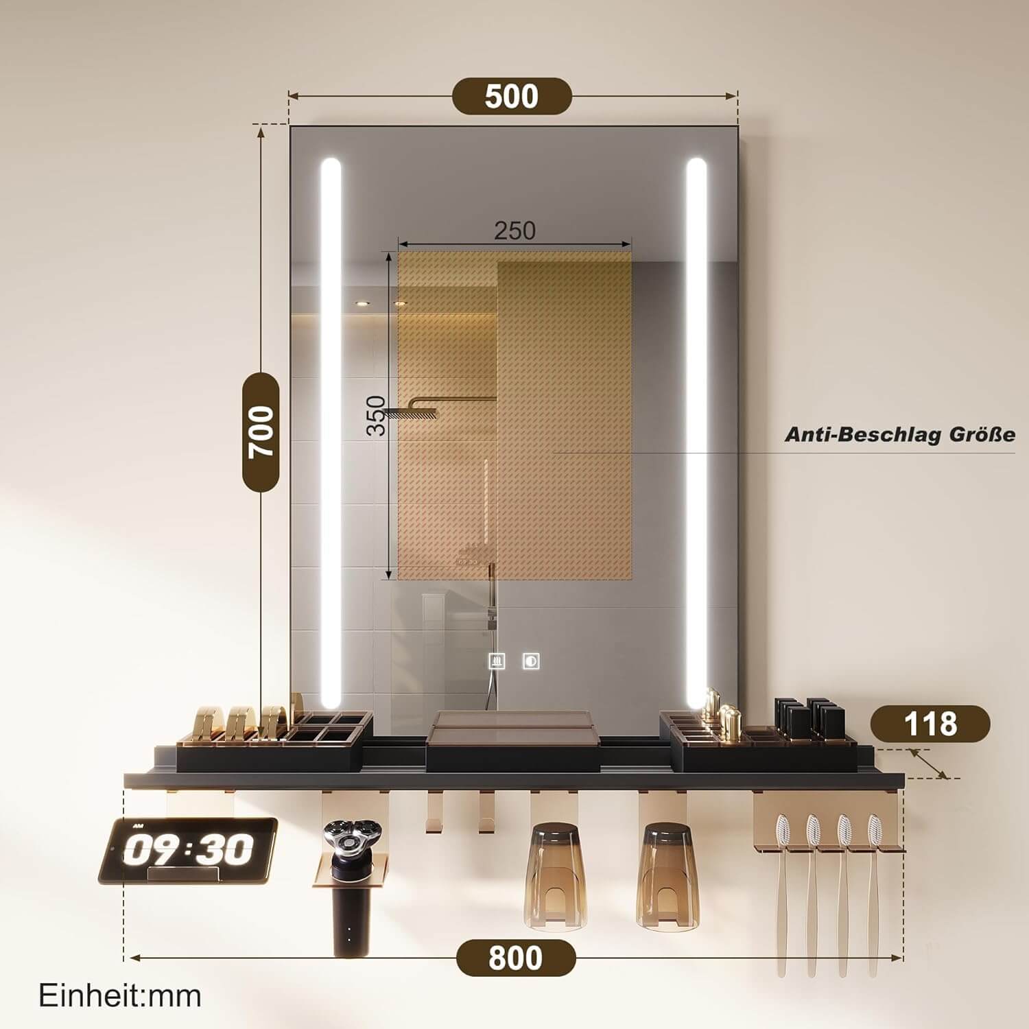 SONNI LED Badspiegel 50x70cm mit Ablage, Touch Badezimmerspiegel 3 Lichtfarben, Anti-Beschlag & Gedächtnisfunktion, Ablage mit Handyhalter + Haken + Zahnbürstenhalter + Becherhalter