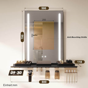 SONNI LED Badspiegel 50x70cm mit Ablage, Touch Badezimmerspiegel 3 Lichtfarben, Anti-Beschlag & Gedächtnisfunktion, Ablage mit Handyhalter + Haken + Zahnbürstenhalter + Becherhalter