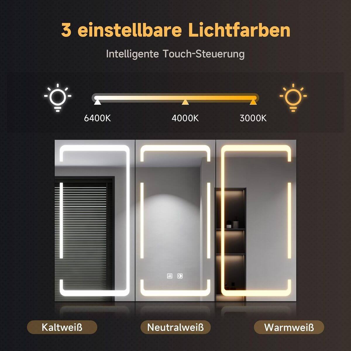 SONNI Spiegelschrank mit Beleuchtung 3 Lichtfarbe Einstellbar und Beschlagfrei 3 Türiger Spiegelschrank mit Kabelloses Scharnier Design und Steckdose 90x60 cm weiß