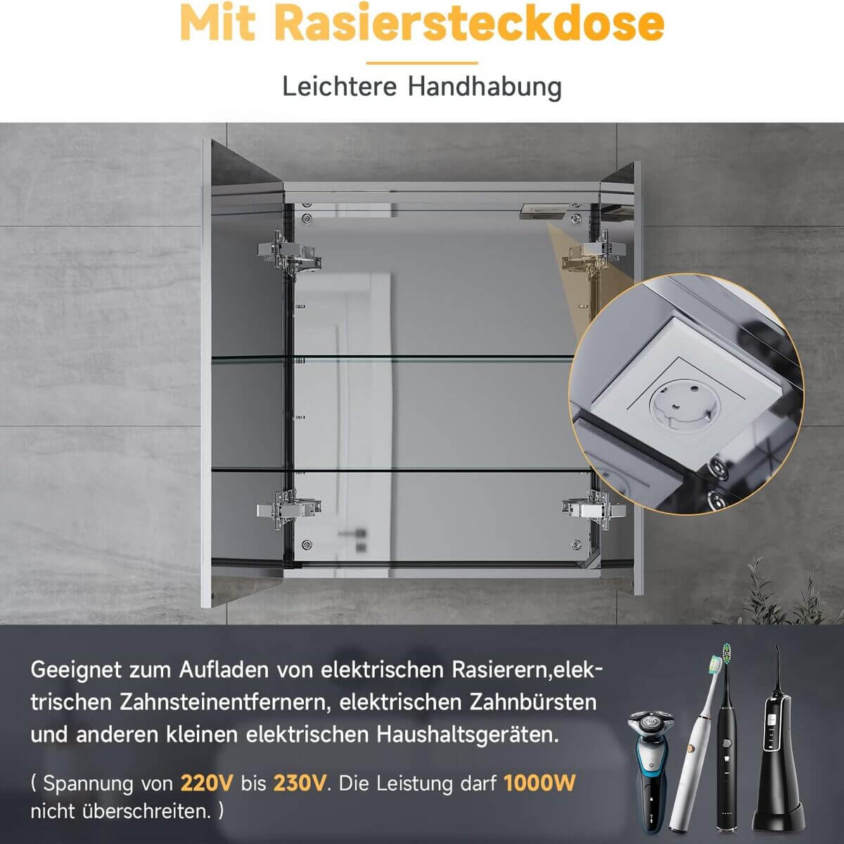SONNI Spiegelschrank Bad mit Beleuchtung 70 x 60 cm IP44 Wasserciht Edelstahl LED doppeltürig Badezimmerschrank, mit Steckdose und Kippschalter für Badezimmer - Sonni Sanitär GmbH