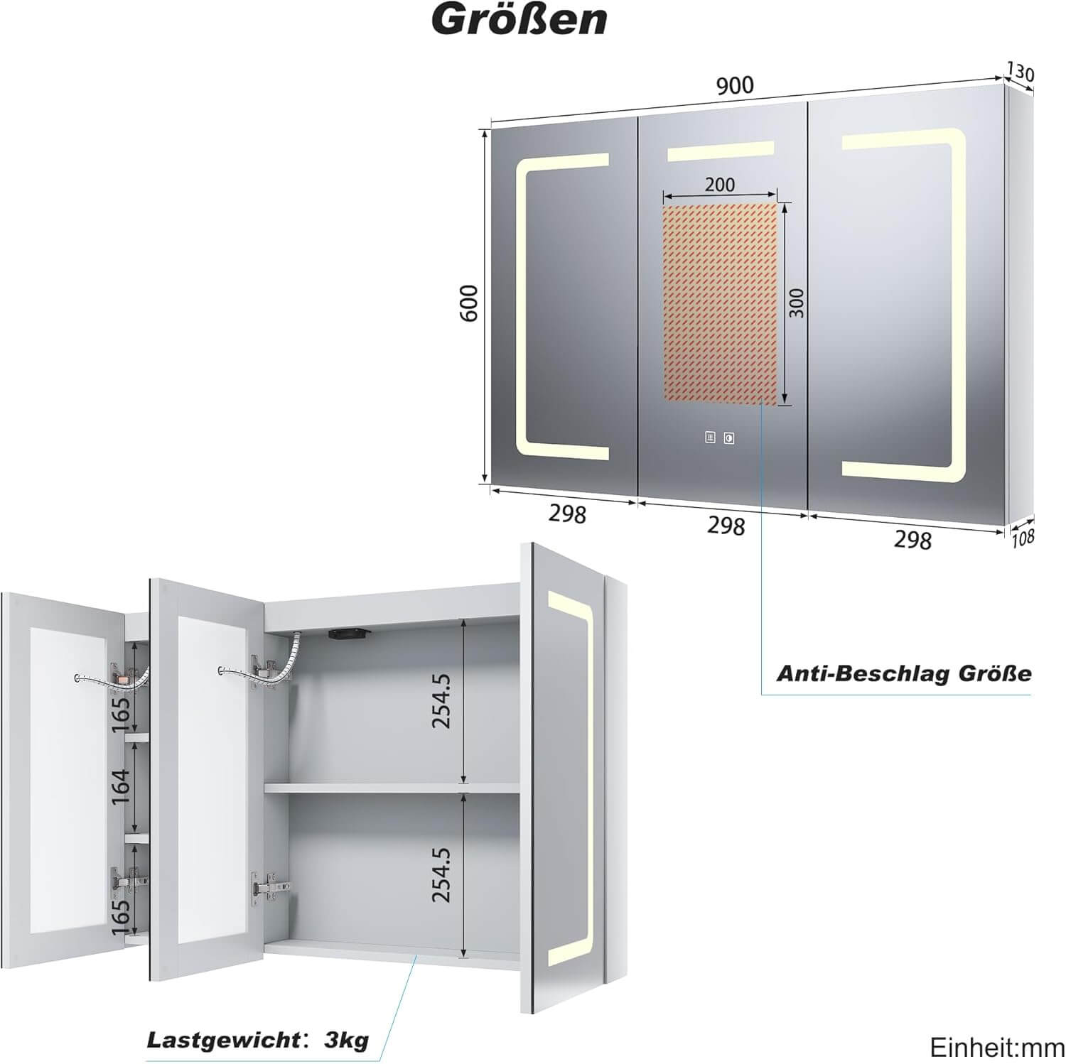SONNI 3 Türiger Spiegelschrank Bad mit Beleuchtung LED Badezimmer Spiegelschrank mit Anti-Beschlag, Steckdose, 3 Lichtfarben, Dimmbar, Vollständig Montiert