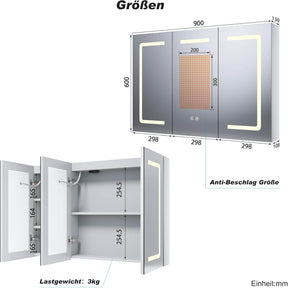 SONNI 3 Türiger Spiegelschrank Bad mit Beleuchtung LED Badezimmer Spiegelschrank mit Anti-Beschlag, Steckdose, 3 Lichtfarben, Dimmbar, Vollständig Montiert