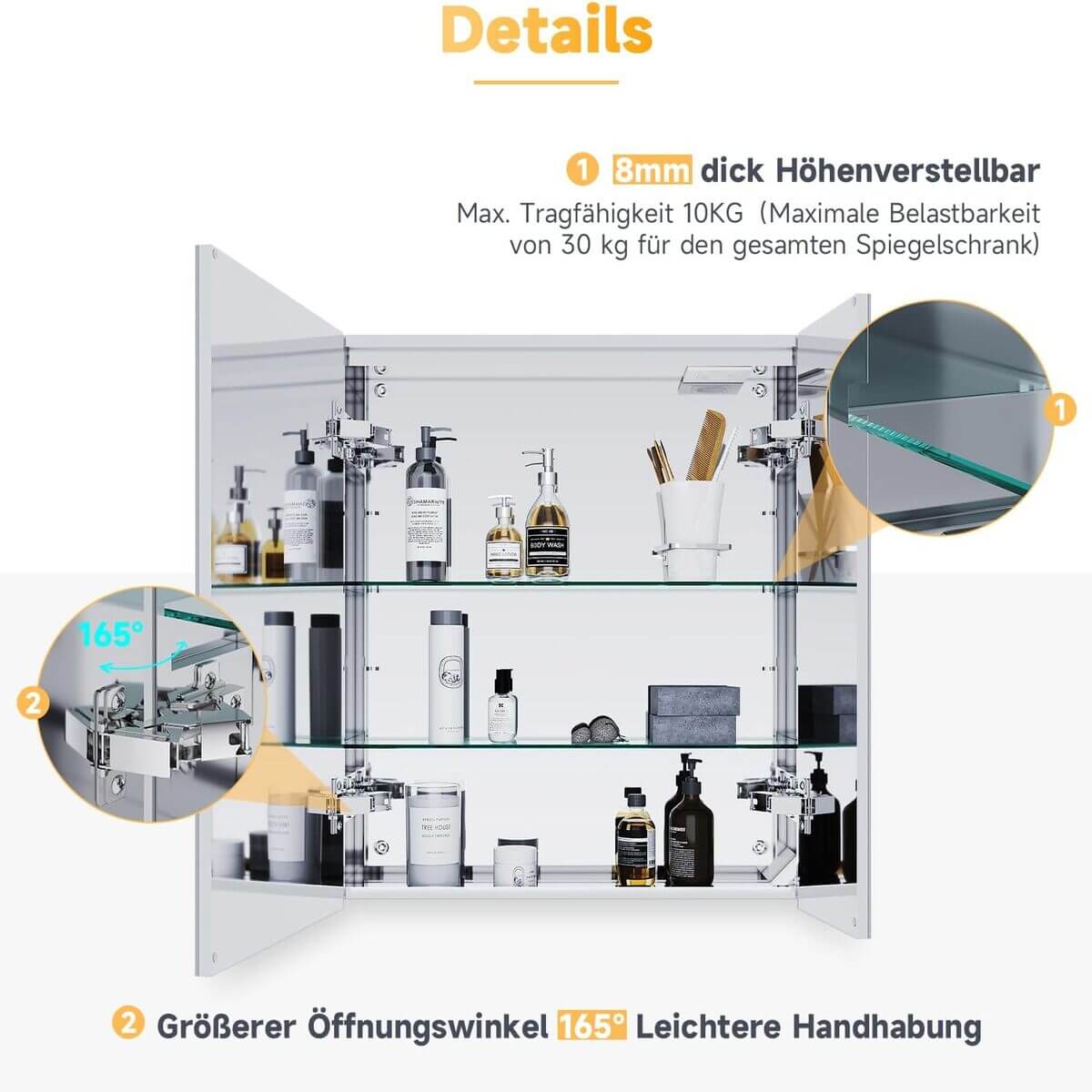 SONNI Spiegelschrank Bad mit Beleuchtung 70 x 60 cm IP44 Wasserciht Edelstahl LED doppeltürig Badezimmerschrank, mit Steckdose und Kippschalter für Badezimmer - Sonni Sanitär GmbH
