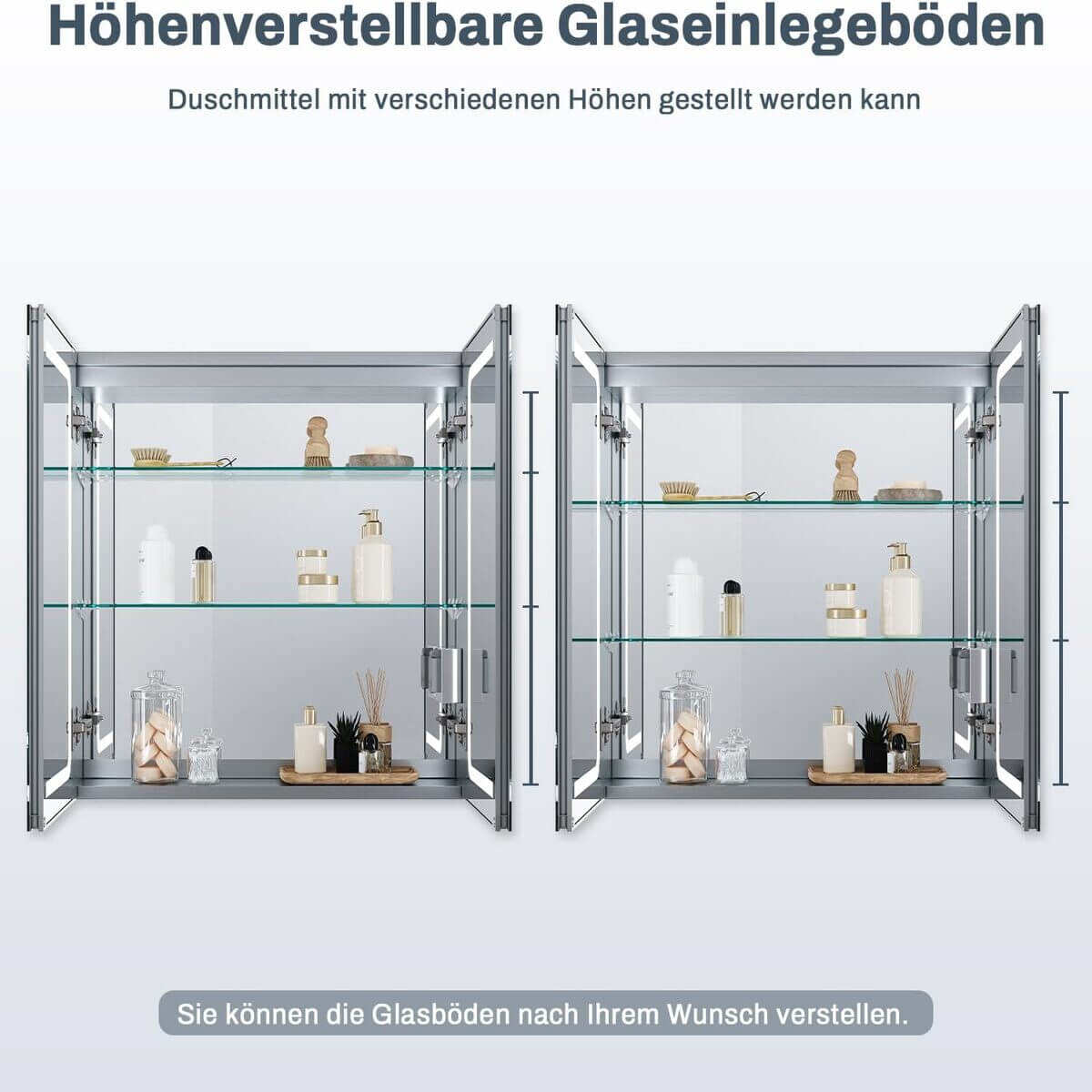 SONNI Aluminum Spiegelschrank mit Beleuchtung Badezimmer verstellbare Einlegeböden wasserdicht beschlagfrei mit Touchschalter und Steckdose