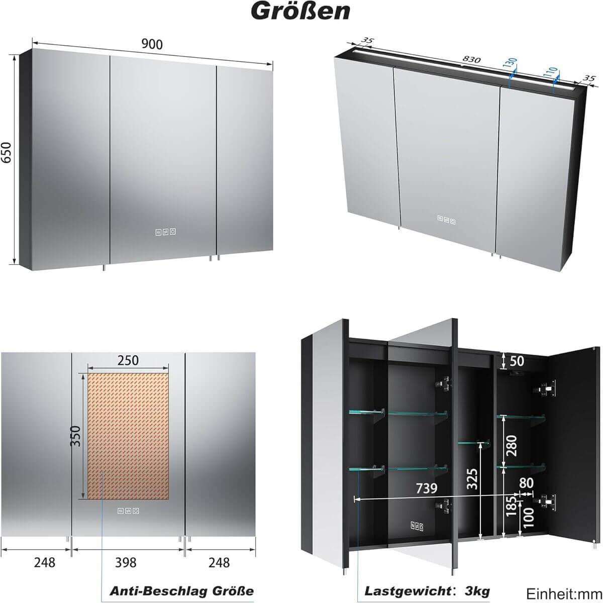 SONNI Spiegelschrank Bad mit Beleuchtung und Steckdose 3 Türiger LED Spiegelschrank mit Touch-Schalter, 3 Einstellbare Lichtfarben Beschlagfrei Badezimmer Medizinschrank 90x65 cm Mattschwarz