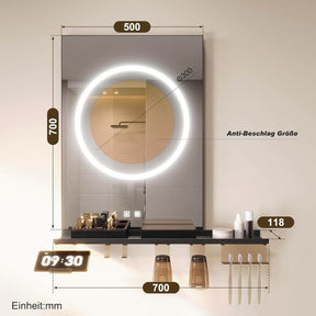 SONNI Badezimmerspiegel mit Beleuchtung 50x70 cm, LED Badspiegel mit Ablage, 3 einstellbare Lichtfarbe + Anti-Beschlag + Touchschalter, Ablage mit Handyhalter + Haken + Zahnbürstenhalter