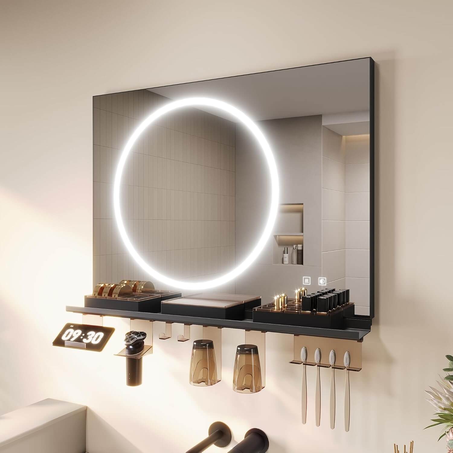 SONNI Badezimmerspiegel mit Beleuchtung 80x60 cm, LED Badspiegel mit Ablage , 3 einstellbare Lichtfarbe + Anti-Beschlag + Touchschalter, Ablage mit Handyhalter + Haken + Zahnbürstenhalter