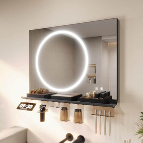 SONNI Badezimmerspiegel mit Beleuchtung 80x60 cm, LED Badspiegel mit Ablage , 3 einstellbare Lichtfarbe + Anti-Beschlag + Touchschalter, Ablage mit Handyhalter + Haken + Zahnbürstenhalter