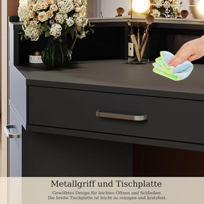 SONNI Eck Schminktisch mit Dreifachspiegel, 111x54x141.5cm, Kosmetiktisch mit Großer Schubladen, Auszugsschrank, Regale, 3 Offene Fächer, Moderner Frisiertisch für Schlafzimmer
