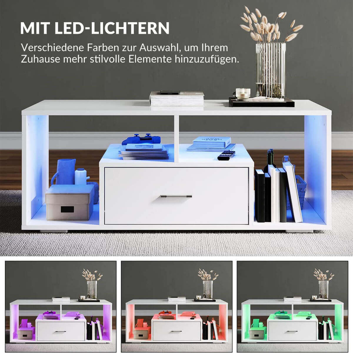 SONNI Couchtisch Hochglanzfront mit LED-Leuchten in 12-Farben und Ablagefach - Sonni Sanitär GmbH