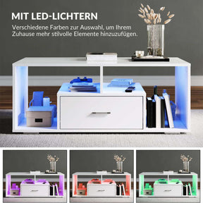 SONNI Couchtisch Hochglanzfront mit LED-Leuchten in 12-Farben und Ablagefach