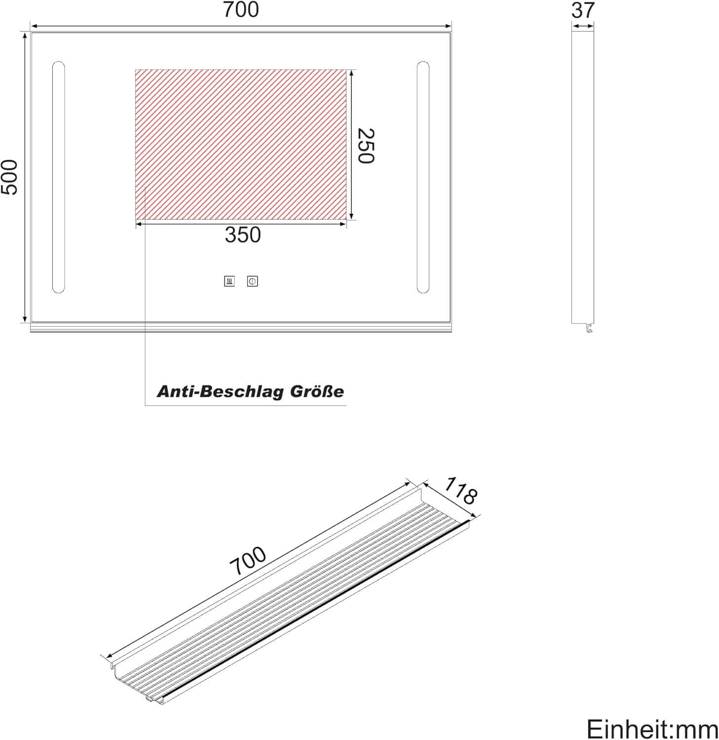 SONNI LED Badspiegel 70x50cm mit Ablage, Touch Badezimmerspiegel 3 Lichtfarben, Anti-Beschlag & Gedächtnisfunktion, Ablage mit Handyhalter + Haken + Zahnbürstenhalter