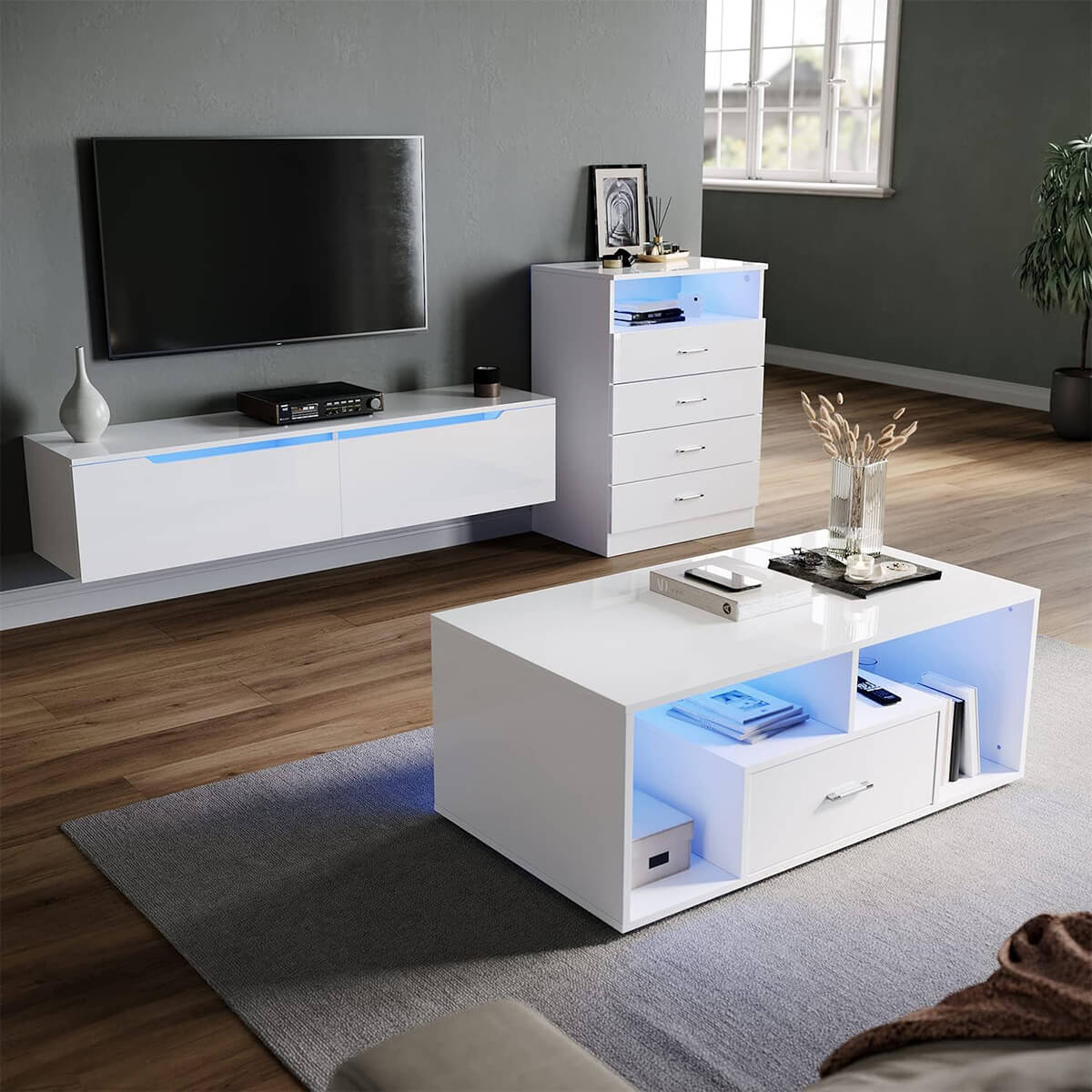 SONNI Couchtisch Hochglanzfront mit LED-Leuchten in 12-Farben und Ablagefach - Sonni Sanitär GmbH
