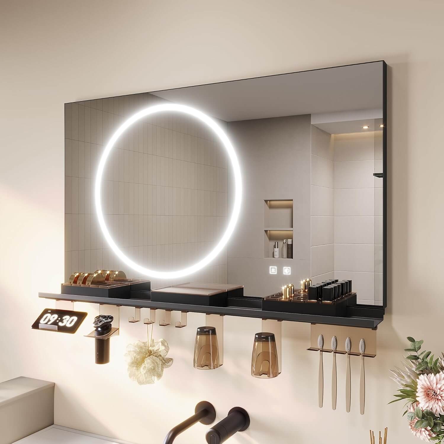 SONNI Badezimmerspiegel mit Beleuchtung 100x60 cm, LED Badspiegel mit Ablage, 3 einstellbare Lichtfarbe + Anti-Beschlag + Touchschalter, Ablage mit Handyhalter + Haken + Zahnbürstenhalter