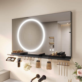 SONNI Badezimmerspiegel mit Beleuchtung 100x60 cm, LED Badspiegel mit Ablage, 3 einstellbare Lichtfarbe + Anti-Beschlag + Touchschalter, Ablage mit Handyhalter + Haken + Zahnbürstenhalter