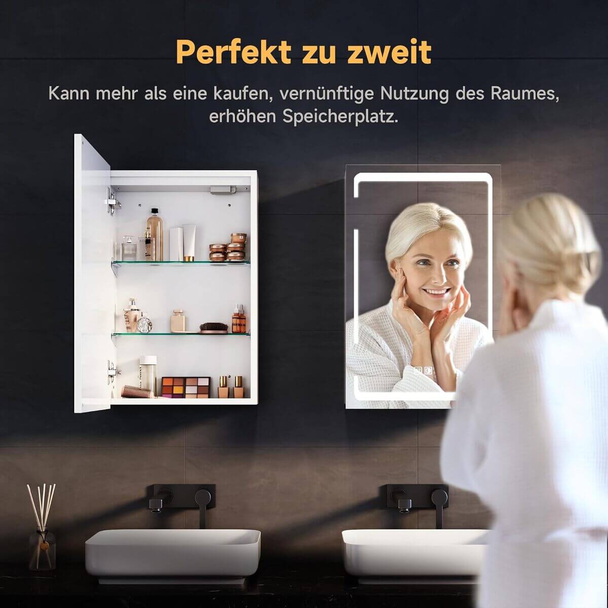 SONNI Spiegelschrank Bad mit Beleuchtung, 3 Lichtfarbe Einstellbar und Beschlagfrei LED Badezimmerschrank mit Kabelloses Scharnier Design Medizinschrank - Sonni Sanitär GmbH