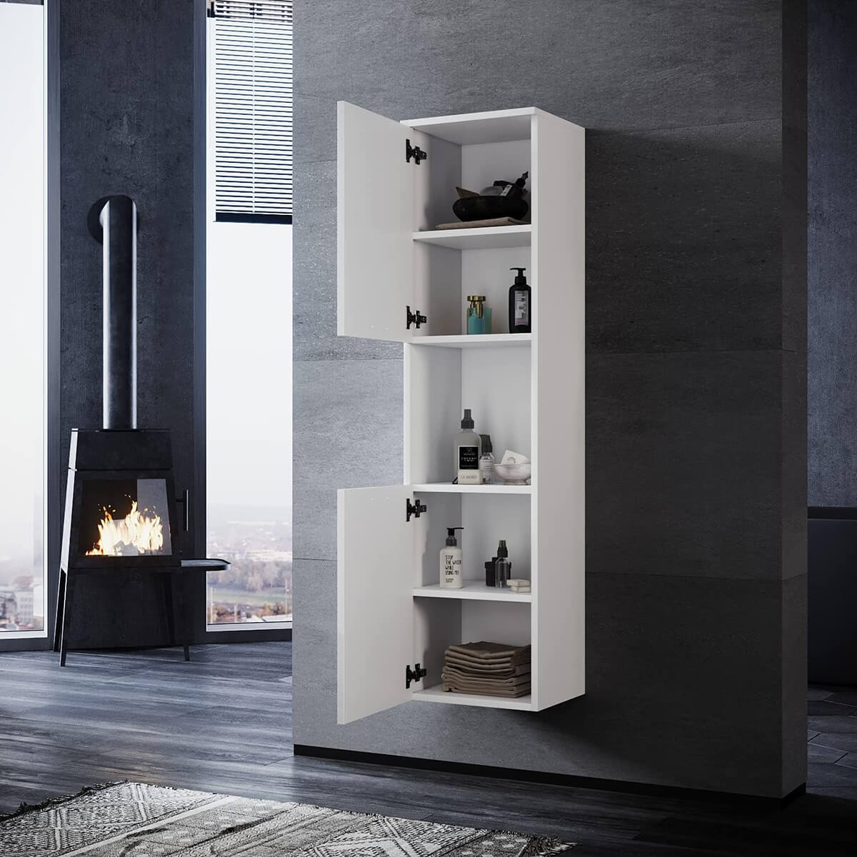 SONNI Badezimmerschrank Hochschrank Badezimmer Hochglanz Weiß mit 5 Ablagen Schmal offenen Zwischenböden 30cm Breit Hängend - Sonni Sanitär GmbH