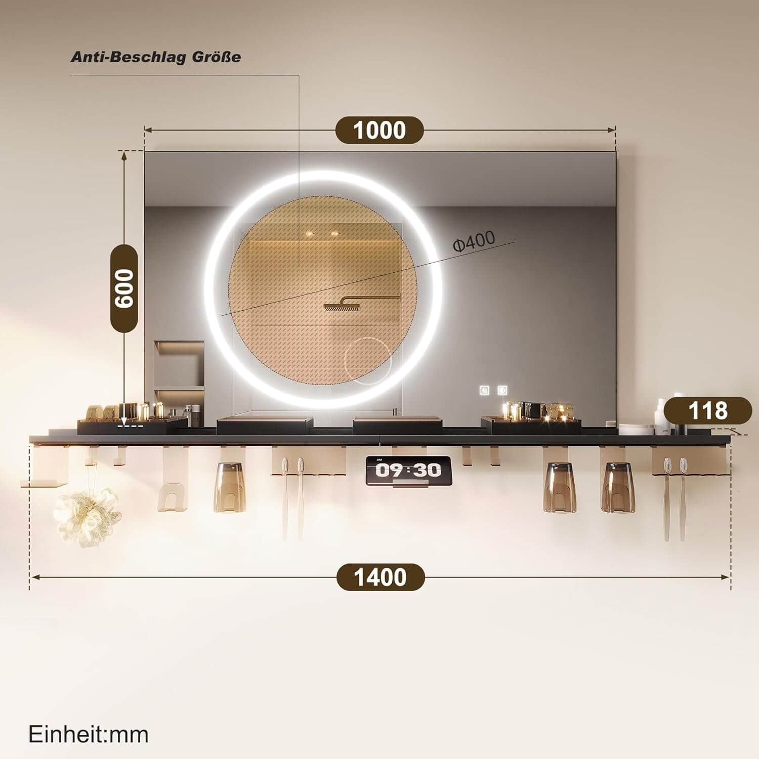 SONNI Badezimmerspiegel mit Beleuchtung 100x60 cm, LED Badspiegel mit Ablage, 3 einstellbare Lichtfarbe + Anti-Beschlag + Touchschalter, Ablage mit Handyhalter + Haken + Zahnbürstenhalter