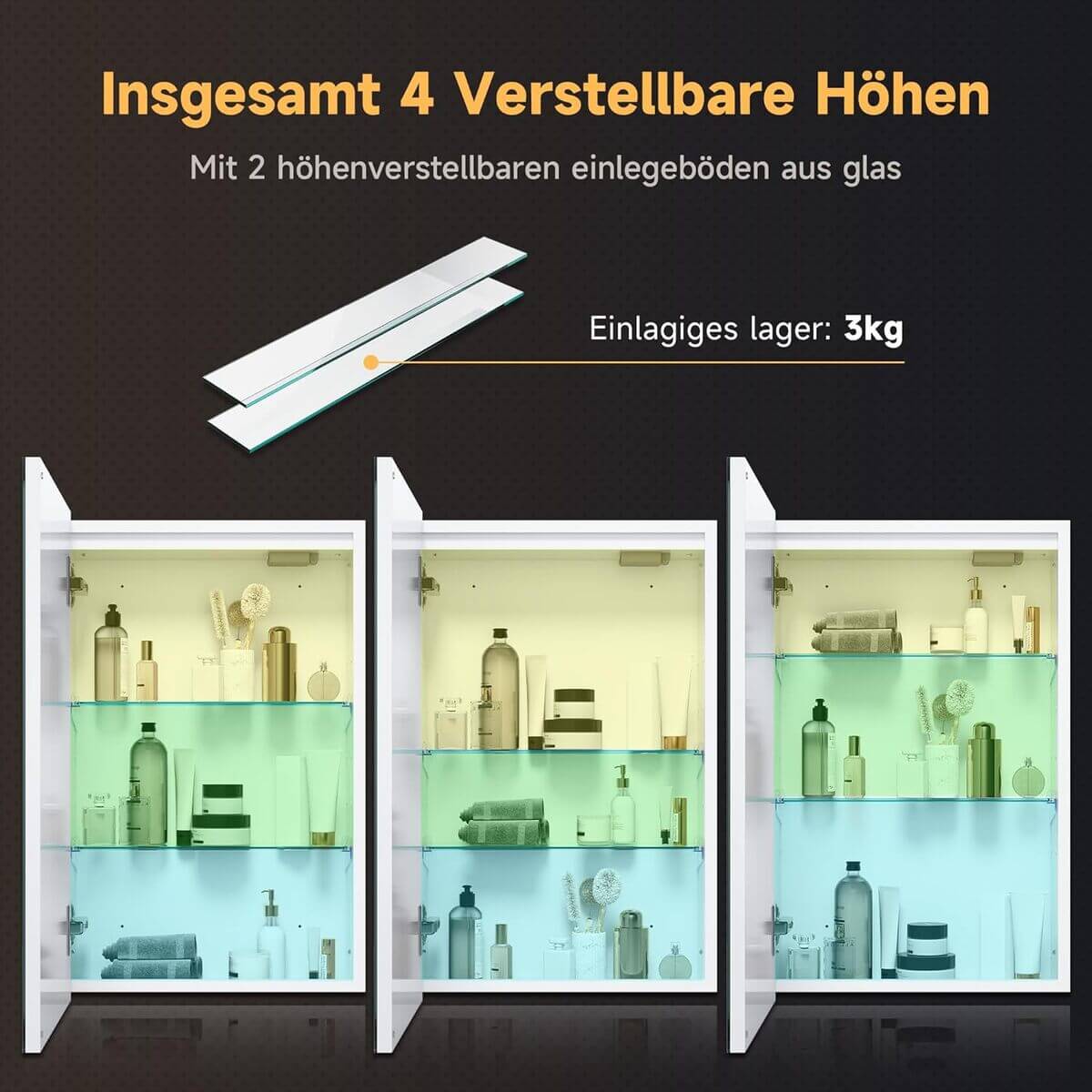 SONNI Spiegelschrank Bad mit Beleuchtung, 3 Lichtfarbe Einstellbar und Beschlagfrei LED Badezimmerschrank mit Kabelloses Scharnier Design Medizinschrank